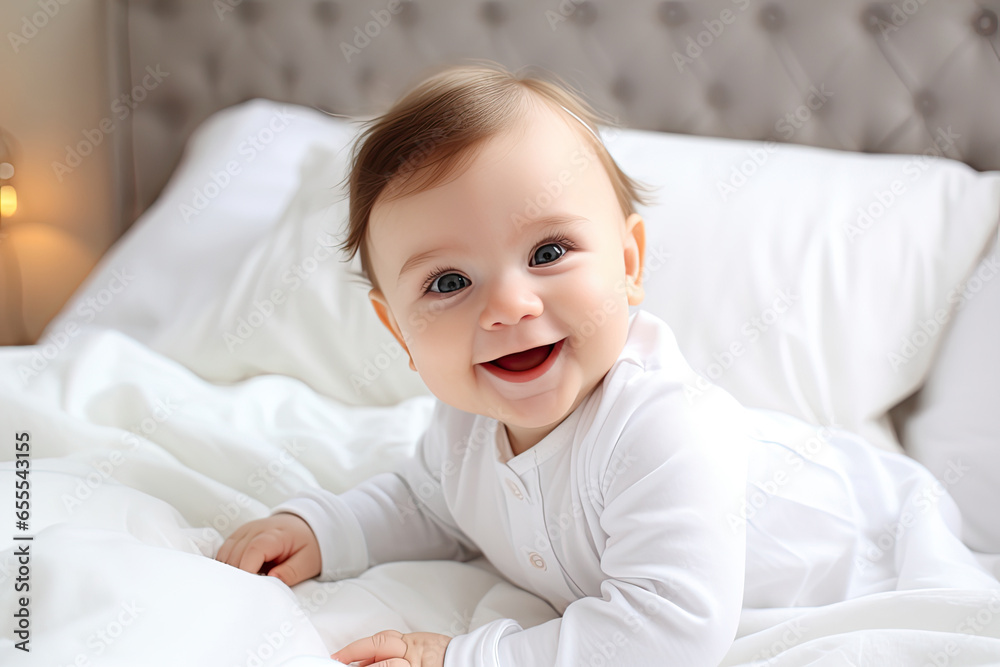 Cute baby smiling lying on his stomach on a white background. Cute baby smiling lying on his stomach on a white background.