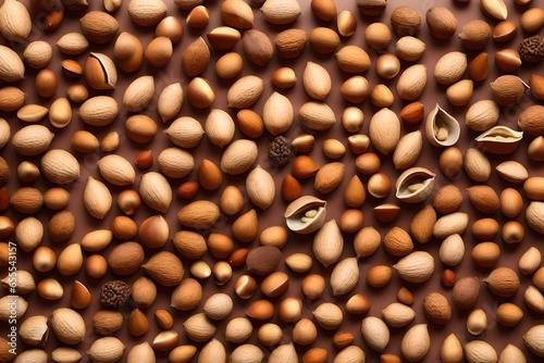 A photorealistic 3D rendering of a bunch of nuts and nutshells arranged in a row.