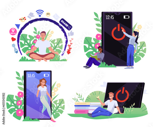 Digital detox banner collection with cartoon people, flat vector isolated.