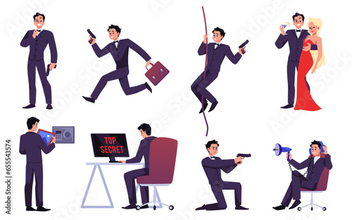 Vector isolated illustration set for secret agent concept on white background, cartoon elegant man in suit spies, shoots with gun