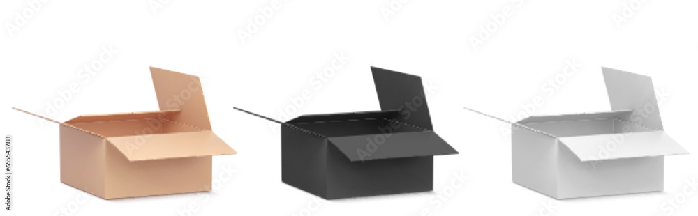 Open cardboard boxes for delivering parcels by mail. Realistic vector illustration set of carton empty brown, black and gray packages. Cargo and shipping packs mockup for send post or moving service. Open cardboard boxes for delivering parcels by mail. Realistic vector illustration set of carton empty brown, black and gray packages. Cargo and shipping packs mockup for send post or moving service.