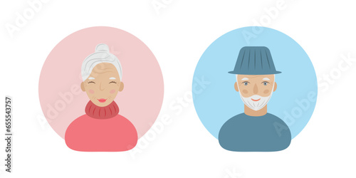 Elderly people avatar. Grandfather and grandmother. Old people with gray hair. Vector illustration