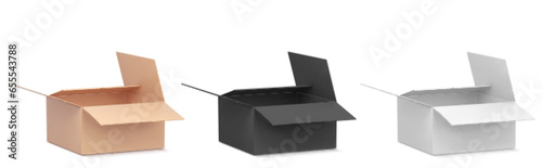 Open cardboard boxes for delivering parcels by mail. Realistic vector illustration set of carton empty brown, black and gray packages. Cargo and shipping packs mockup for send post or moving service.