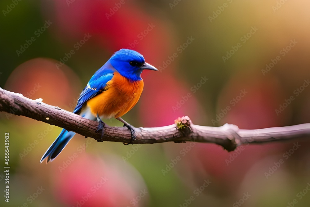 A bird with a blue head and red head sits on a pink flower.AI generated