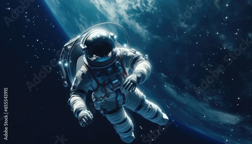 Astronaut floating gracefully in the serene vastness of outer space © STOCK-AI