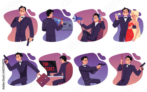Vector isolated illustration set for secret agent concept on gradient background, cartoon elegant man runs, shoots with gun, overhears