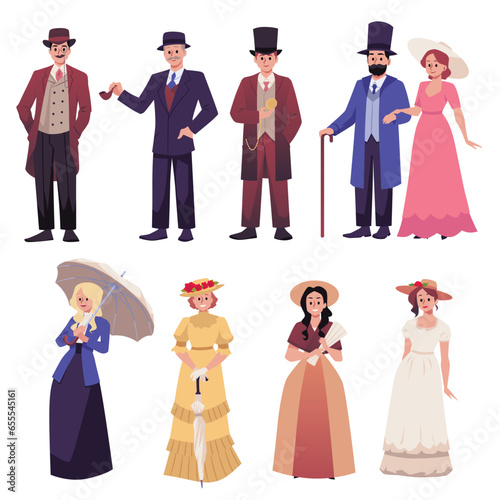Vector cartoon men, women in classic Victorian style costumes, aristocratic vintage clothing, Historical fashion set