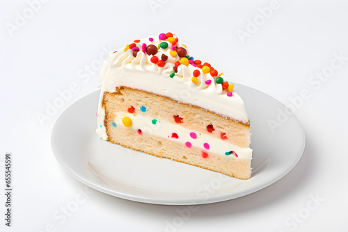 delicious slice of birthday cake on white plate isolated on white background