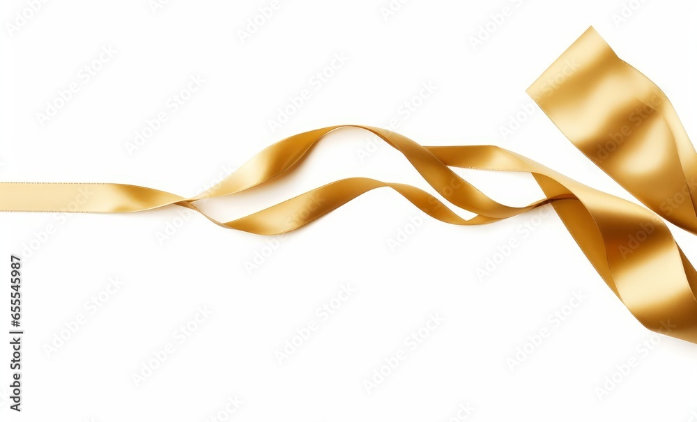 A curly gold ribbon for Christmas and birthday present banner isolated against a white background, Generative AI A curly gold ribbon for Christmas and birthday present banner isolated against a white background, Generative AI