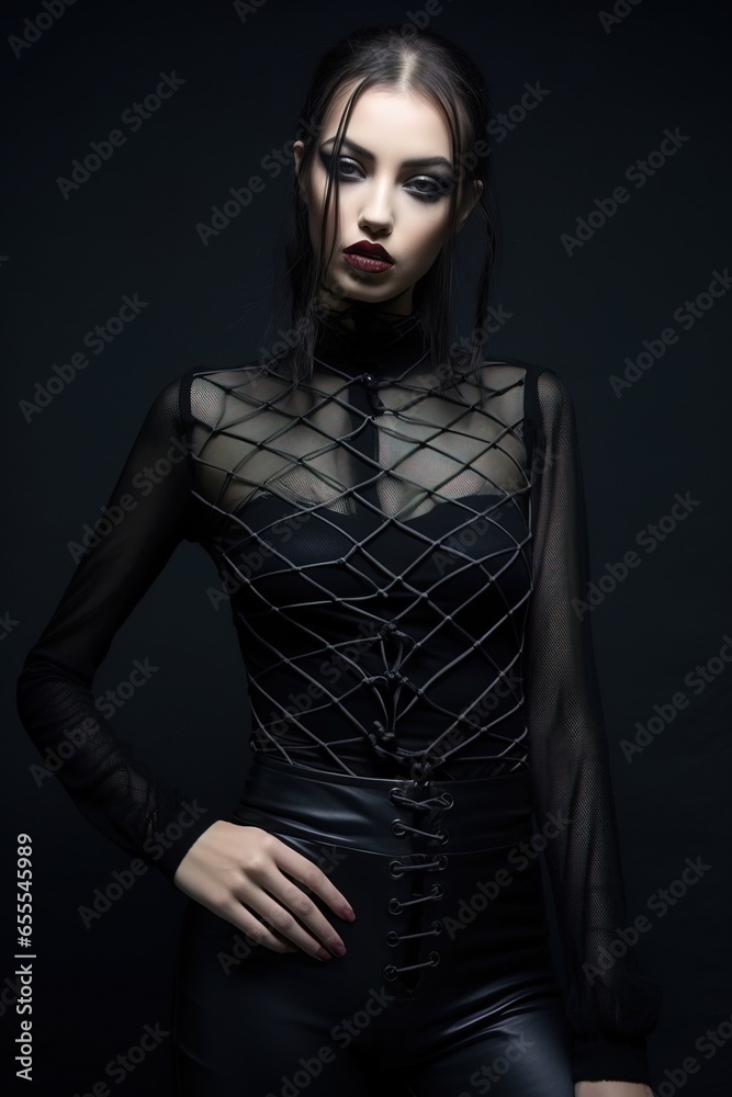 Half-body portrait of a young and attractive girl dressed in stylish and dark gothic attire.