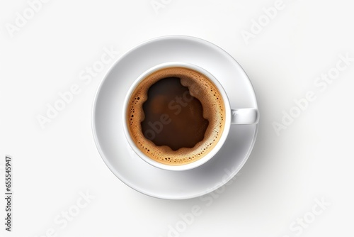 A hot cup of black espresso coffee from above in a white cup isolated against a white background, Generative AI