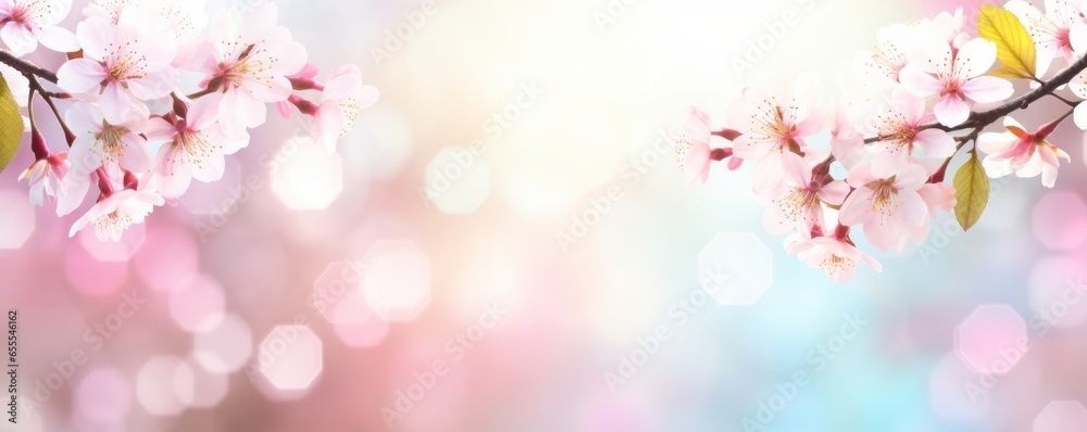 Pink cherry tree blossom flowers blooming in spring, easter time against a natural sunny blurred garden banner background of blue, yellow and white, Generative AI - obrazy, fototapety, plakaty 