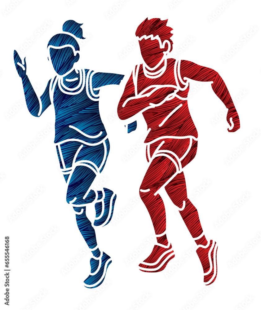 Children Running Together Boy and Girl Cartoon Sport Graphic Vector