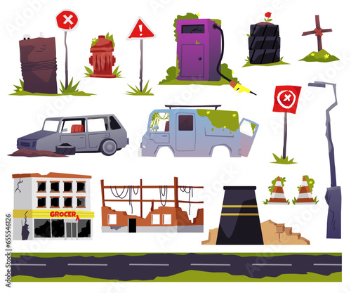 Set of destruction, cataclysm, post-apocalyptic vector isolated illustrations of destroyed grocery, broken road