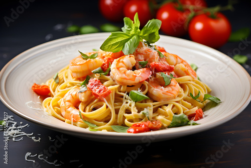 delicious plate of shrimp pasta, studio shot