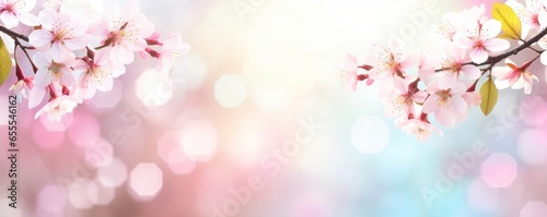 Pink cherry tree blossom flowers blooming in spring, easter time against a natural sunny blurred garden banner background of blue, yellow and white, Generative AI