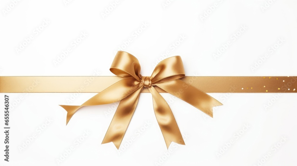A gold ribbon and bow Christmas, birthday and valentines day gift and present decoration set isolated against a white background, Generative AI A gold ribbon and bow Christmas, birthday and valentines day gift and present decoration set isolated against a white background, Generative AI
