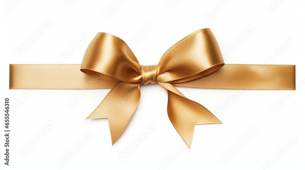 A gold ribbon and bow Christmas, birthday and valentines day gift and present decoration set isolated against a white background, Generative AI A gold ribbon and bow Christmas, birthday and valentines day gift and present decoration set isolated against a white background, Generative AI