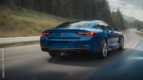 Rear view of blue Business car at high speed in turn. Blue car rushing along a high-speed highway. motion speed blur.digital ai © Alireza Karimi