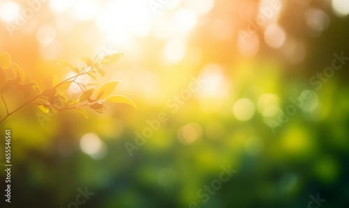 A summer sunset, sunrise background with lush green foliage and orange glow sky with blurred spring bokeh highlights, Generative AI