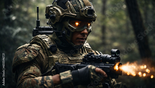 A cyborg soldier fighting in a war zone trail cam footage, photo realistic, hyper ornate details, photographed, bookend, particulars, ultra detail generative AI