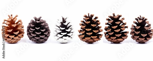A collection of small pinecones with snow and frost on them for Christmas tree decoration isolated against a white background, Generative AI