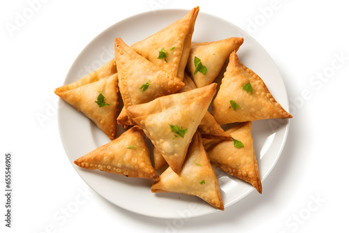 delicious plate of samosas isolated on white background
