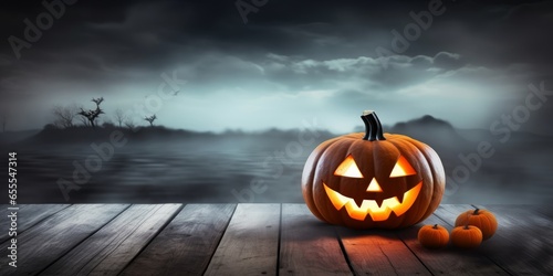 One spooky halloween pumpkin, Jack O Lantern, with an evil face and eyes on a wooden bench, table with a misty gray coastal night background with space for product, Generative AI