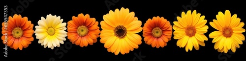 A collection of yellow and orange daisy flower heads isolated against a flat background  Generative AI