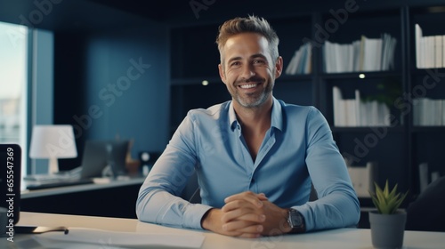 Confident professional man at office desk, smiling into the camera, bathed in daylight 