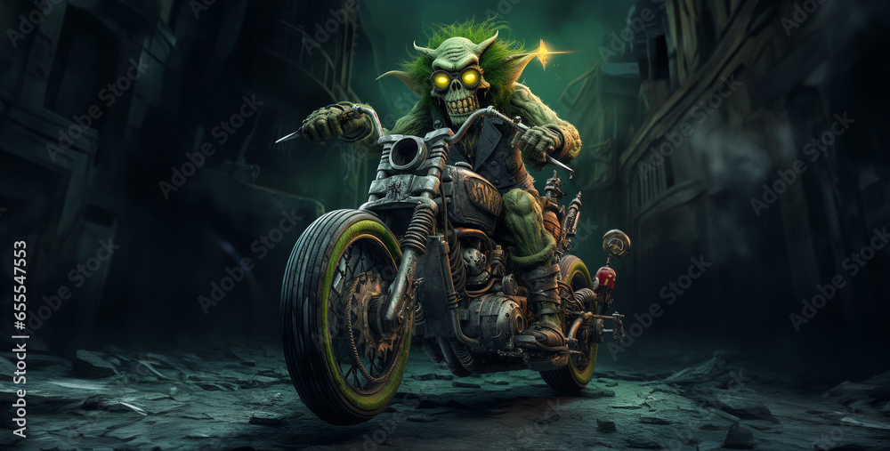 the rat fink driving royal enfield classic green. Generative Ai content