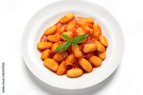 delicious plate of gnocchi with tomato sauce isolated on white