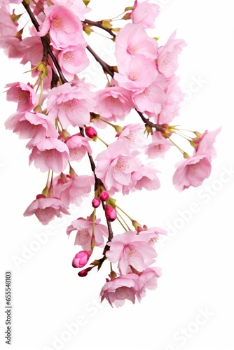 Pink spring cherry blossom flowers on a tree branch isolated against a flat background  Generative AI
