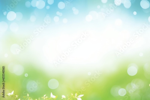 A spring background of blue and green, blurred foilage and sky with bright bokeh, Generative AI