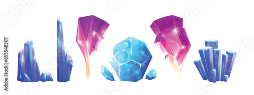 Crystals of gem stone or diamond. Cartoon vector set of jewel mineral resources for treasure or geology game ui concept. Gemstone chunk and precious stalactites and stalagmites of blue and pink colors