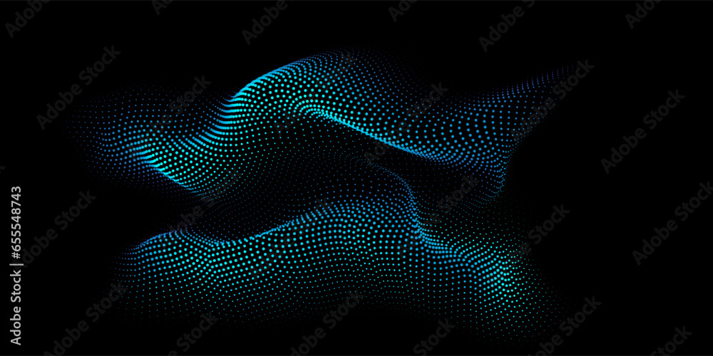Flowing dot particles wave curve pattern blue and green gradient light ...