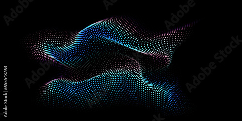 Flowing dot particles wave curve pattern blue and green gradient light isolated on black background. Vector in concept of AI technology, science, music.