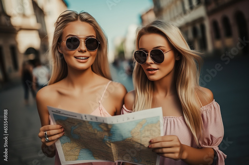 Adventure Awaits Stylish Young Tourists Exploring the City with Maps and Sunglasses. created with Generative AI