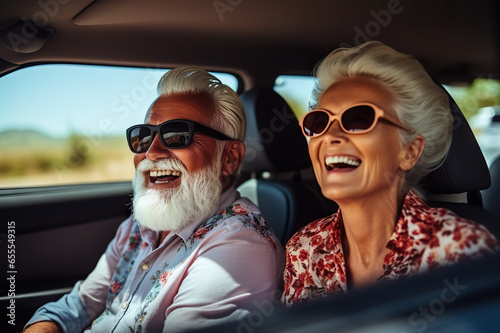 Joyful Senior Travelers Smiling Elderly Couple Enjoying a Road Trip Adventure Together. created with Generative AI