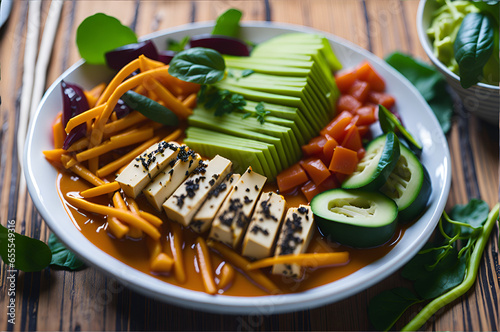 Gado-gado vegan salad with cooked vegetables, tofu, and peanut sauce