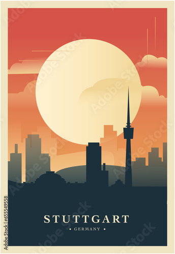Germany Stuttgart city brutalism poster with abstract skyline, cityscape retro vector illustration. Travel guide cover, brochure, flyer, leaflet, business presentation template image