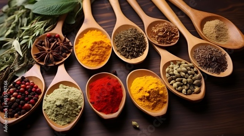 Top view on mixed dry colorful spices in wooden spoons on rustic table. Food and cooking ingredients concept. pepper, chili, curry, saffron and garlic on wooden background.