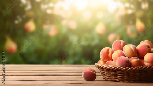 Fresh peach in the basket on wooden table with organic farm background.