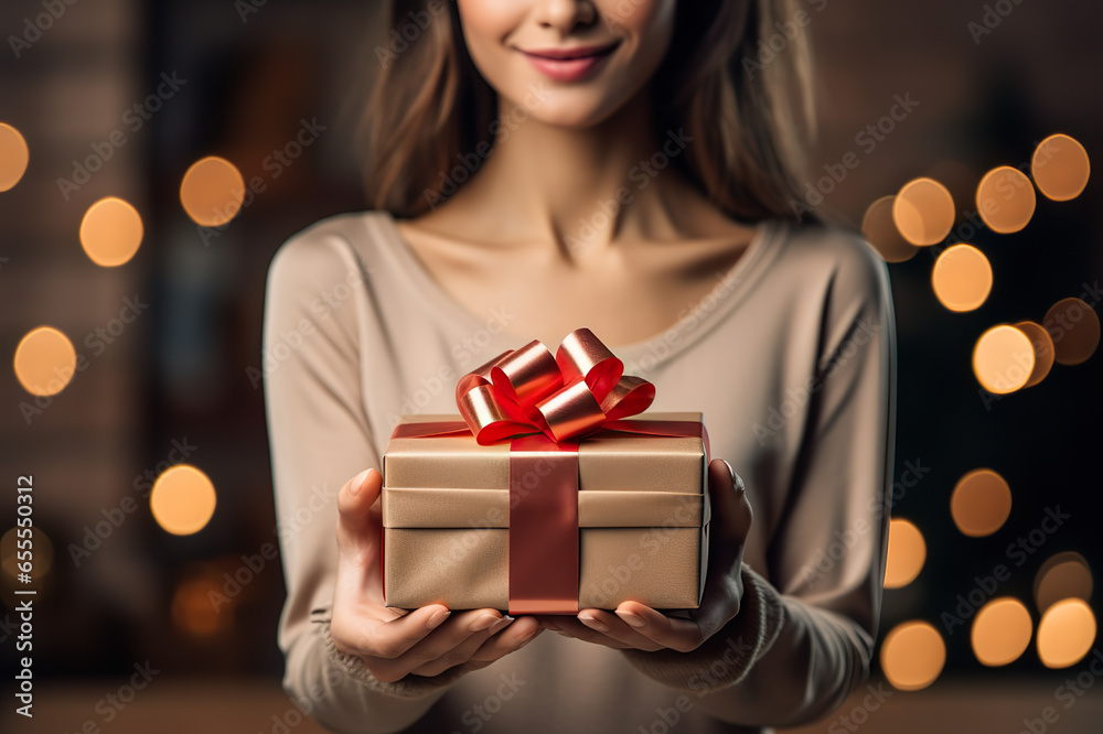 Gift of Joy Woman Holding a Beautifully Wrapped Present, Anticipation and Surprise in the Air. created with Generative AI