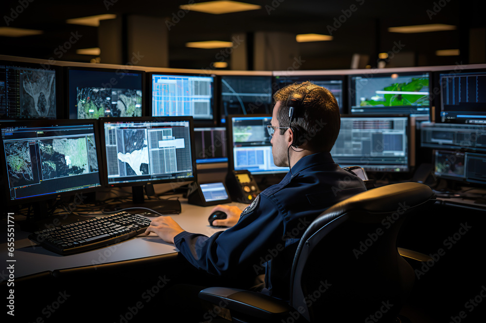 Commanding the Frontline Officer in Military Command Center Monitoring Data on Advanced Computer Displays. created with Generative AI Commanding the Frontline Officer in Military Command Center Monitoring Data on Advanced Computer Displays. created with Generative AI