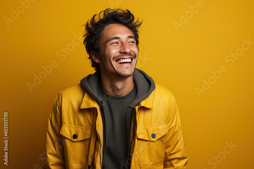 Radiant Laughter Young Man Enjoying a Joyful Moment Against a Bright Yellow Background. created with Generative AI