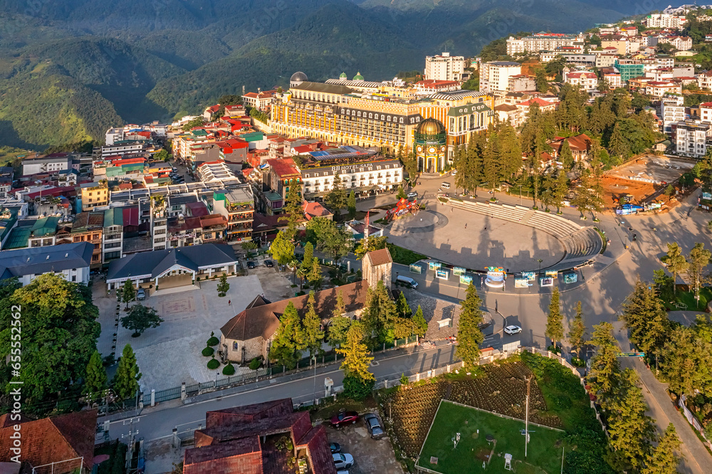 Aerial view of Sapa town center, Lao Cai , Vietnam