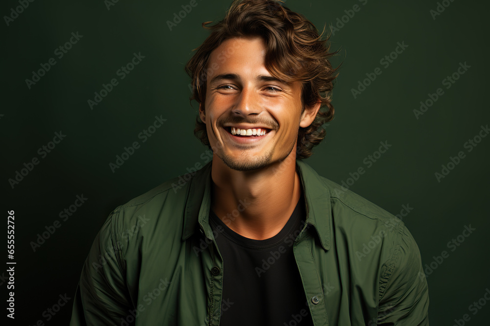 Joyful Revelry: Young Man Bursting in Laughter Against a Vivid Green Background