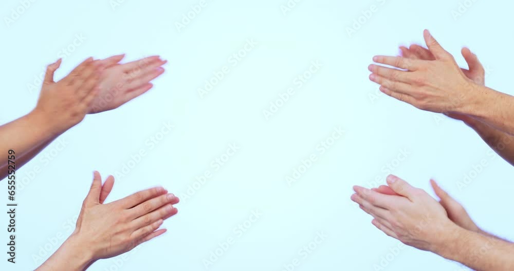 Applause, celebration and group of hands in studio for motivation, win and success. Praise, cheers and people clapping in support, congratulations and surprise winner announcement on blue background Applause, celebration and group of hands in studio for motivation, win and success. Praise, cheers and people clapping in support, congratulations and surprise winner announcement on blue background