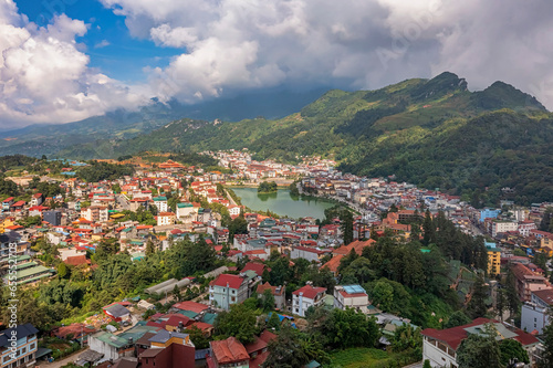 Obraz na plátně Aerial view of Sapa town center, Lao Cai , Vietnam